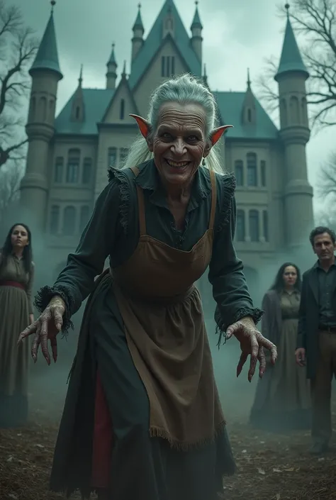 Mysterious scary old lady that looks like witch with smirking smile works as maid on mansion in the background is family of three mother, father, and 