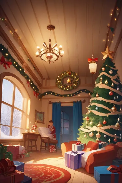  Very detailed,  High Resolution , ​masterpiece, Sharp focus,  Official Art  , Romantic , Christmas,  บรรยากาศ Christmas, Inside the house,  men and women who love each other 