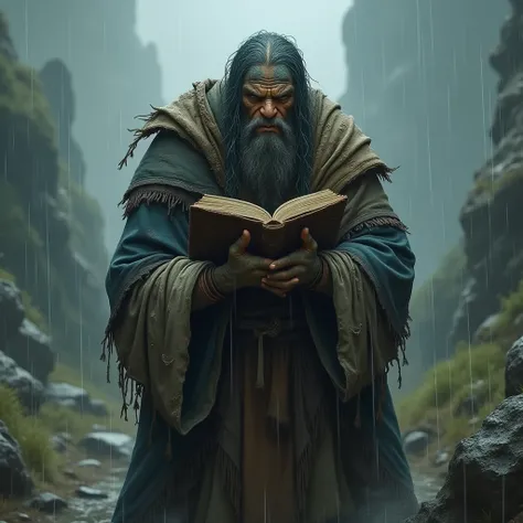 An orc priest , is on a pilgrimage , wearing old , robes, mostly consisting of rags , and he has an old book in his hand ,  which causes the orc to fall. The weather is damp and sometimes it rains .