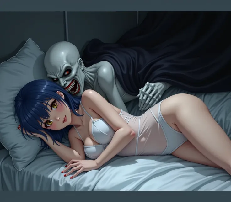 Akane Tendo with blue hair brown eyes and big breasts lying on a bed with withe lingerie she is being bited by Nosferatu