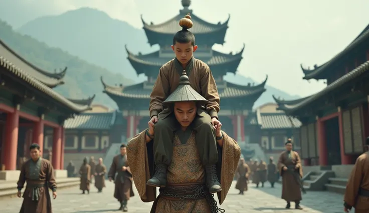 A man dressed in traditional Chinese attire is chained and carrying a young monk holding a gourd weapon on his head, with the Shaolin Temple in the background