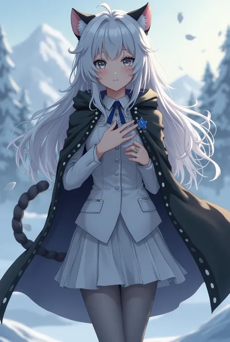 ( masterpiece,  best quality :1.2),1 girl, Upper part,tail, large tail, White hair,  Very Long Hair , Wavy hair, grey eyes, detailed eyes, Multi-colored hair, ring, Beaded necklace, Animal ears,  tiger ears,  black cloak , White suit,  Hip Vent,  pelvic ve...