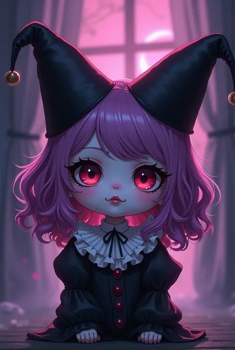  Clown girl with two birthday hats that look like ears, with a purple and black color palette and drawing style from the 2000s anime. Their clothes have a white collar like the court jesters. Gothic clothing style .  Drawing style like the one in the anime...