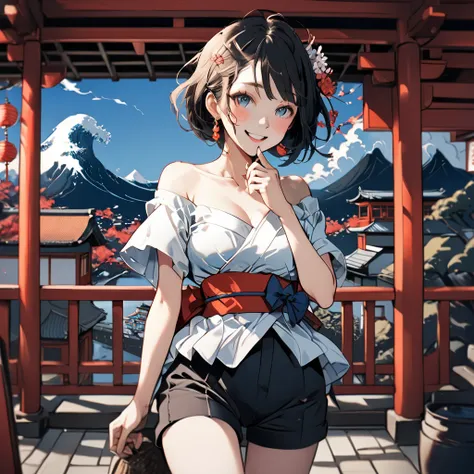   Masterpiece  , great quality,  top quality,  high definition , 4K, 8k, 超 high definition , 
 Ukiyo-e painting style , Colorful World ,
1girl, Shorts 、 chest , ,whole body,.Mischievous expression,tourist spot
