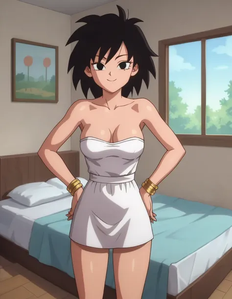 source_anime, score_9, score_8_up, score_7_up, anime screencap, absurd res, official style, gine, 1girl, solo, black hair, black eyes, closed mouth, bare shoulders, medium breast, a seductive smile, mouth closed, smile, apartment room, bed, window, bare sh...