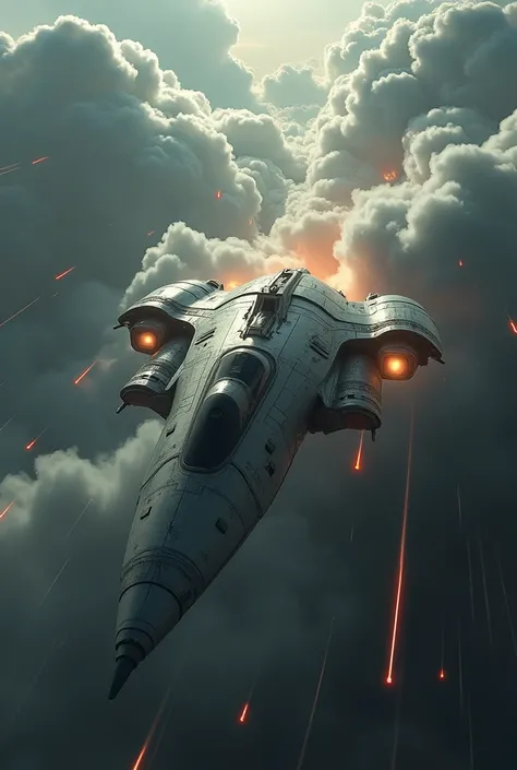 In the midst of combat, lasers and missiles are trying to shoot down a silver drop ship that is in the process of re-entry;  bottom angle view, dark moody atmosphere, sci-fi military aviation, high-tech spaceship, dramatic lighting, dynamic motion blur, ul...