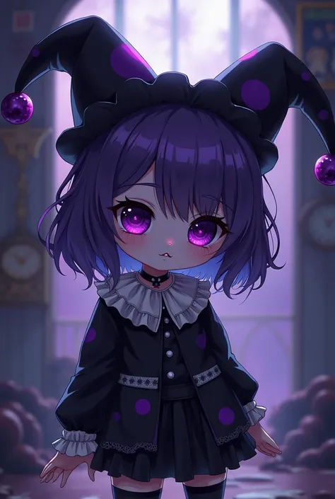  Clown girl with two birthday hats that look like ears, with a purple and black color palette and drawing style from the 2000s anime. Their clothes have a white collar like the court jesters. Gothic clothing style . Drawing style like the one in the anime ...