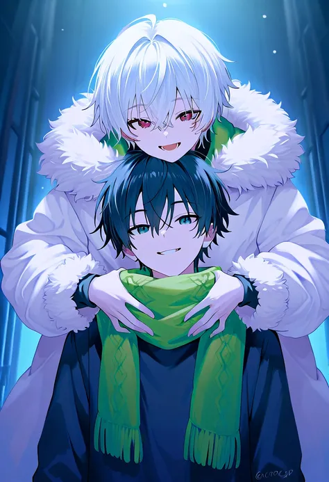 ((Two guys looking happy :1.5)),  perfect face,   beautiful face,  very detailed face，( man with short black hair :1.3)，(Man with short white hair :1.3)， winter、night、 Christmas、The city is illuminated、 snow falling 、White Breath、winter服、 fur coat 、 knit 、...