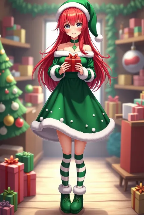 Kushina Uzumaki BEAUTIFUL SEXY ADULT WOMAN Anime smiling  ,  long red hair loose gray EYES BLACK EYES off-shoulder Christmas dress green and white green and white hat, green and white candy stockings green booties ,  standing in Santas workshop with gifts ...