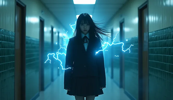 20 year old korean high school girl,   knight ,  school uniform,  creepy atmosphere, Tile Background, Expressionless face, Strong Wind Flutters Your Hair , Flickering fluorescent lights, Electric blue aura around her body 