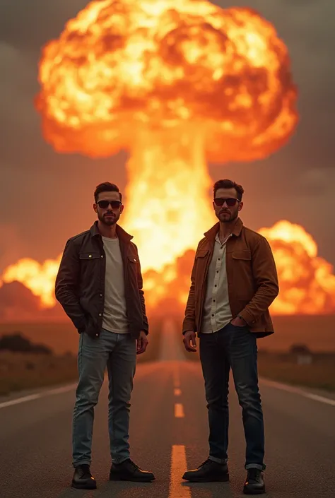 2 cool guys are coming and theres a nuclear explosion behind them but they dont care 