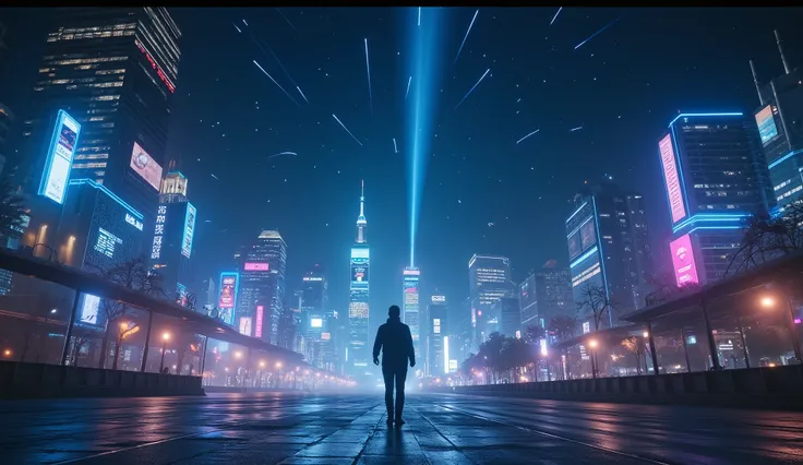 The video opens with a slow zoom over a futuristic skyline at night, where starlight and neon beams paint the city in hues of silver, blue, and pink. The streets shimmer, empty yet alive, as the protagonist steps into view. Their figure is silhouetted agai...