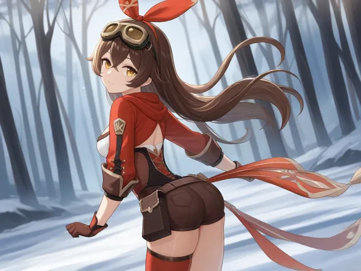 Extremely detailed, (exceptional quality), (masterpiece), (high-resolution), unique, highly detailed, amber (Genshin Impact), (An Bo), one girl, yellow eyes, protective goggles, long hair, gloves, shorts, brown hair, looking back, red thigh-highs, cleavage...