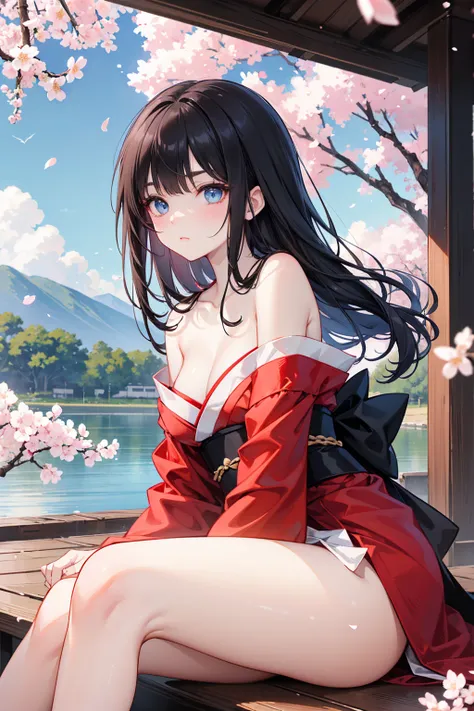  has long, dark hair ， with warm blue eyes  ，Black eyebrows、Clear and bright eyes，The lines of the facial features are soft and graceful，Cold and elegant，Refined spirit，There is no flaw at all。 The skin is white and red ， perfectly balanced thighs， kimono，...