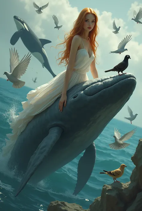  Tall 37-year-old Colombian woman with thin long smooth copper hair ,  white skin , big brown eyes,  small nose,  thick mouth ,  riding on a whale they are holding , behind it is an orca whale ,  on her shoulder there is a black kitten with a white eye ,  ...