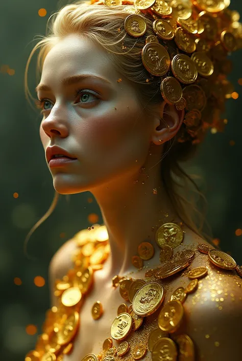 1girl, human girl transforming into coins, dissentigrating, coins dropping from skin, golden coins, coins with her face on them