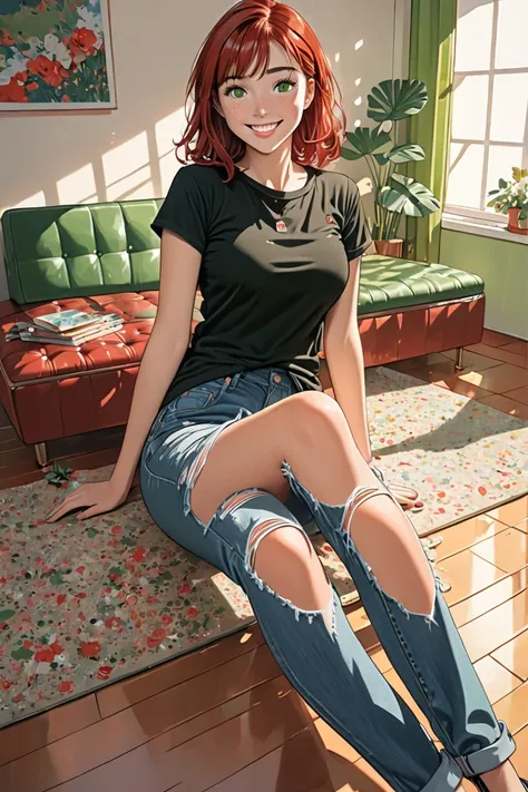 illustration, detailed illustration, ultra detailed,  2 people, 1girl(short, red hair, freckles, large breasts, green eyes, black t-shirt, torn jeans), 1boy(tall, brown hair, brown eyes, lopsided grin, 5 oclock shadow), living room