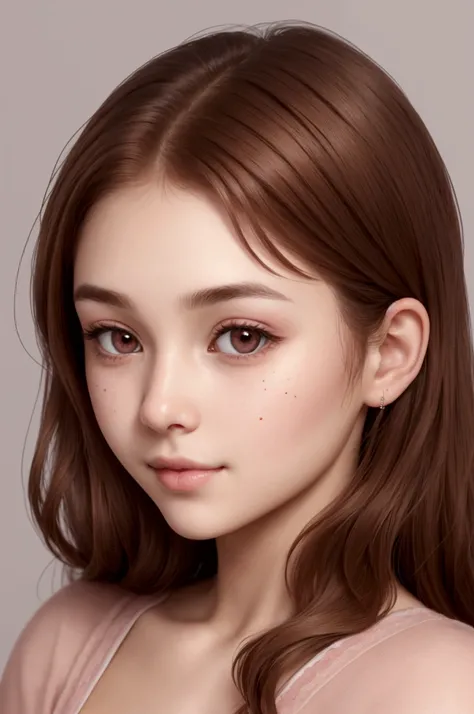  Girl with reddish brown hair , round face sweet hair ,  dimples on her right cheek together with a perfect mole in the center . light brown eyes ,  hazel color quite almond and moderately small in size ,  a rather small very Turkish nose and thick but not...