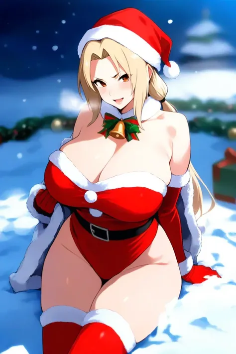 Tsunade, Milf,  Christmas costumes,  big boobs,  big butt, with Hinata,  Masterpiece,  speaking ,  focusing on her tits , in the snow, 