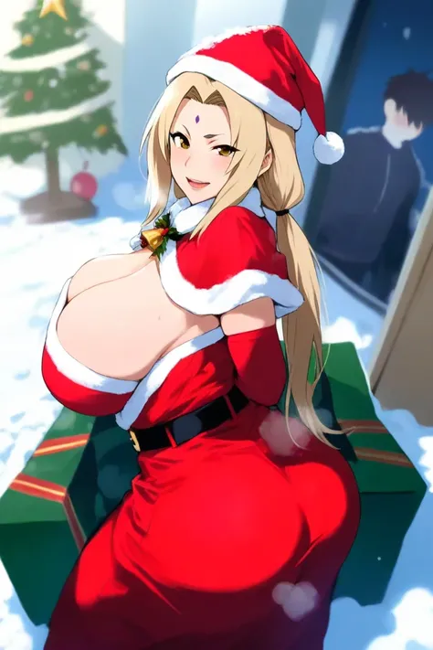 Tsunade, Milf,  Christmas costumes,  big boobs,  big butt, with Hinata,  Masterpiece,  speaking ,  focusing on her tits , in the snow, 