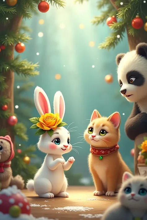  A white rabbit with a yellow rose on its head , So left a big panda bear  ,  like that right a cat with green eyes and that they are very cute,animated and Christmas .  That they are as if painted with brushes