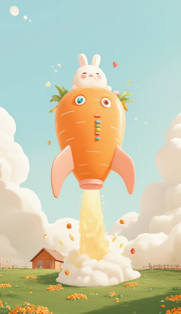 Screen subject： A cute cartoon rabbit sits on a huge carrot shaped rocket，There are colorful flames at the tail of the rocket ， A carrot field that is rapidly rushing from the clouds to the ground 。
 Environmental details ： There are marshmallow-like cloud...