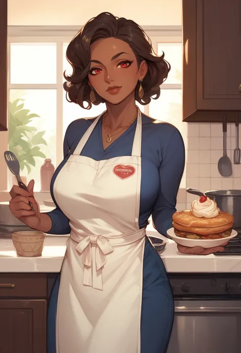 woman,  dark-skinned mature ,Hair and wavy , Red Eyes,dark skin,  wearing a blue one with an apron,in the kitchen 