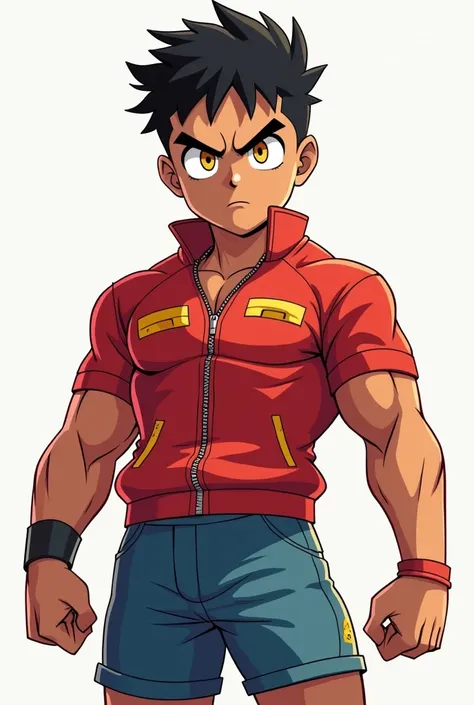  boy,  partially muscular ,with a nice ass,legs and abs ,very short black hair,Almost shaved , light brown skin , yellow eyes ,Somewhat thick eyebrows,annoyed expression,wearing red top jacket with golden touches and not so short tight blue shorts 

Comic ...