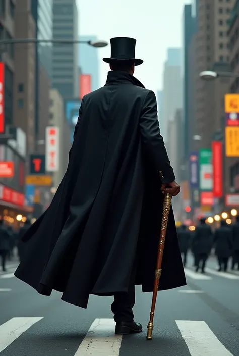 A black man with a black cape, a top hat and a cane in his right hand walking at an intersection