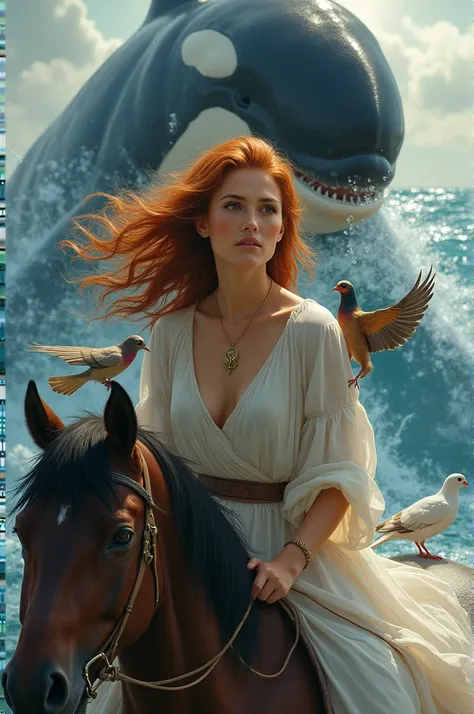 37-year-old woman, white skin, copper hair, large brown eyes, riding on a horse, holding up behind, there is an orca whale, on the womans shoulder, there is a dove, a quail and a cat with a white eye.