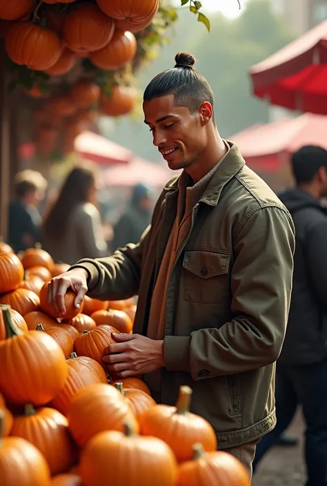 Football player cristiano ronaldo Selling sweet pumpkins in the market