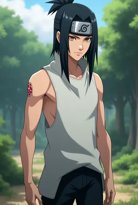  make a fictional male  character inspired by the ANIME NARUTO, He has straight black hair, Does he have a konoha headband , Are the pupils of the eyes white,white clothes,  black pants , black tennis, Do it standing