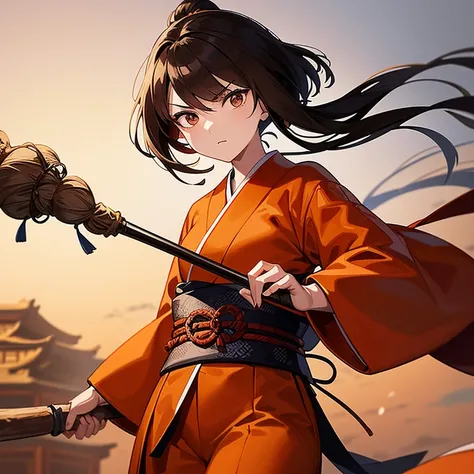 A tall female samurai with brown hair and silver eyes wearing orange long sleeve ancient Japanese shirt and orange pants with a staff in her right hand looking menacingly standing on top of a tree with floating islands in the sky with wind breezing by