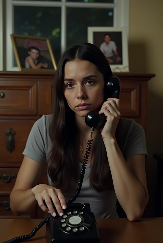 A 34-year-old woman with long dark hair, sitting in a dimly lit room, speaking on an old-fashioned rotary phone. She looks serious and slightly sad. In the background, the soft light of the evening filters through a window, casting a gentle glow on the woo...