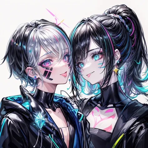 structure of boy with  short black hair and a girl with colorful ponytail hair relationship, ((smile and tongue out)), ((facepaint)), ((crystal silver big earring), ((wearing headphone around neck)), wearing futuristic jacket, ((Background of Black)), spar...