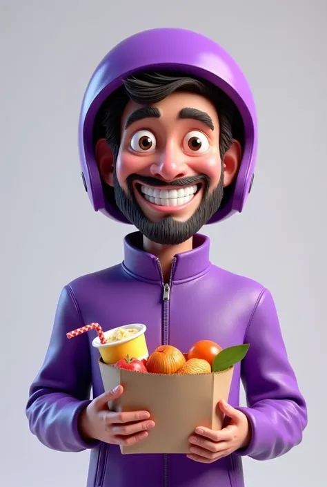 3D caricature image of a man in a purple jacket, purple helmet, holding food and drinking in a paper bag