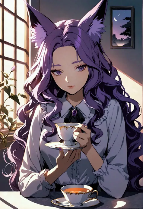 Woman having tea time,Purple Hair, long hair, wavy hair , fox ears,