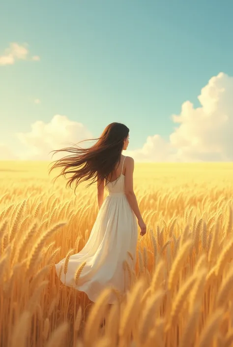 A girl walking through a field of wheat ears. Beautiful field background . Girl dressed in white,  with long dark brown hair . is on his back.