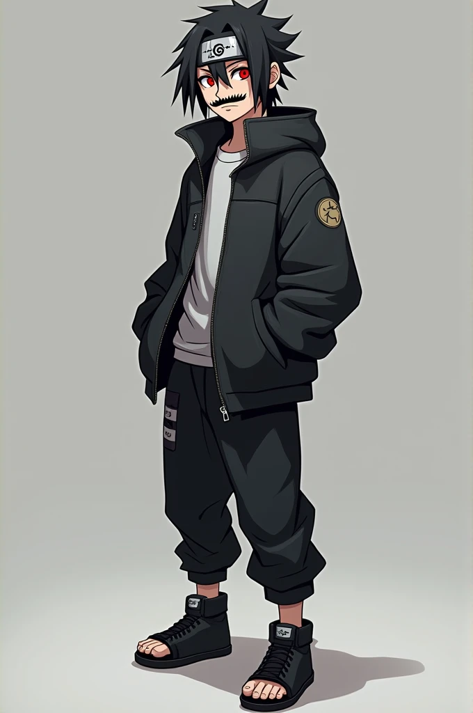 Make a fictional male  character inspired by the ANIME NARUTO, Does he have a konoha headband ,  Red Eyes,  TikToker-style black hair, Do a  "bar-code",  mustache with black sneakers ,  black pants , And standing.