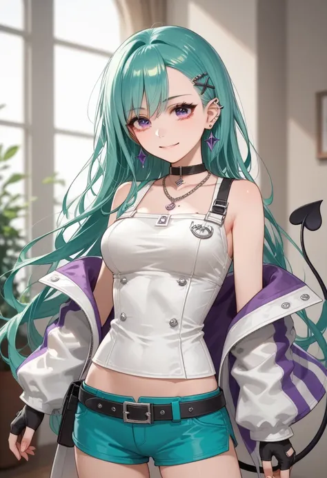 score_9, score_8_up, score_7_up, 1girl, (medium breasts:1.4),shiny eye, (smile:0.7), luxury hotel, great, standing,straight on, from the front:1.4), hands out, 
BREAK green hair, long hair, purple eyes, ear piercing,
BREAK ,white jacket, striped jacket, si...