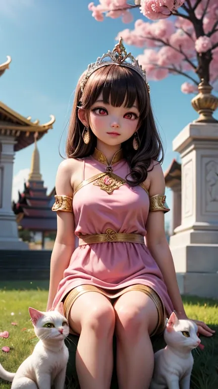 A beautiful young Thai woman wearing a pink dress and gold tiara sits on the grass in front of a Phra establishing shot. A beautiful white cat with red eyes walks around her, surrounded by pink roses in the background. A beautiful temple stands behind them...