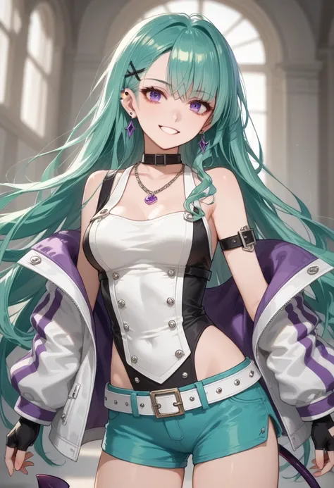 score_9, score_8_up, score_7_up, 1girl, (medium breasts:1.4),shiny eye, (smile:0.7), luxury hotel, great, standing,straight on, from the front:1.4), hands out, 
BREAK green hair, long hair, purple eyes, ear piercing,
BREAK ,white jacket, striped jacket, si...