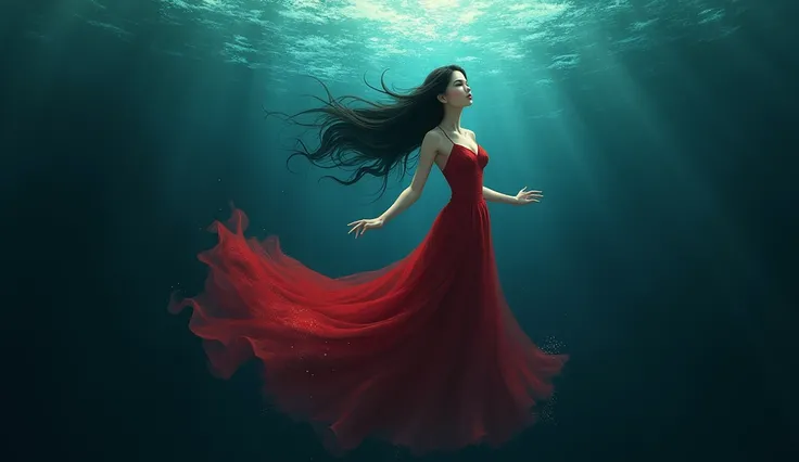  a beautiful woman , wearing a red dress , diving under dark murky water ,  anime style 