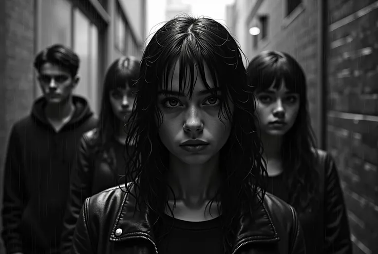 "Create a dramatic, high-contrast black-and-white urban scene featuring five teenagers in an alleyway under a rainy, moody atmosphere. One central character with sharp features and wet, shoulder-length hair stands out, gazing intensely at the camera. The s...