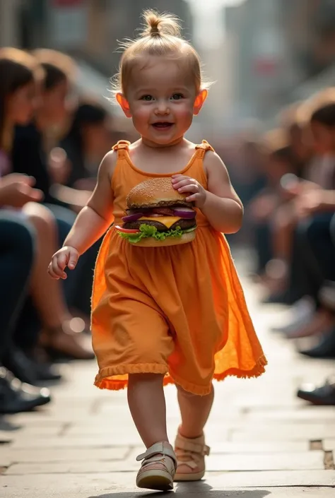 Baby burger hanging on dress walking in public fashion show 