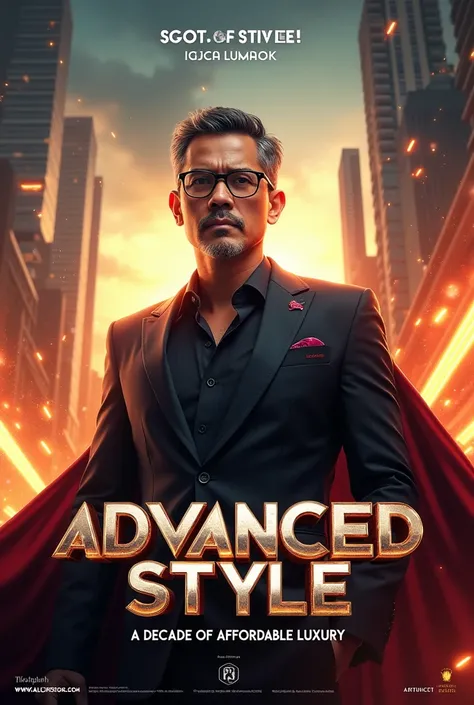 An action movie-style poster featuring a Malay man around 45 years old as the central figure. The man is dressed in sharp, semi-formal attire, wearing glasses and cape, exuding confidence and determination, with a dynamic pose as if ready for a challenge. ...