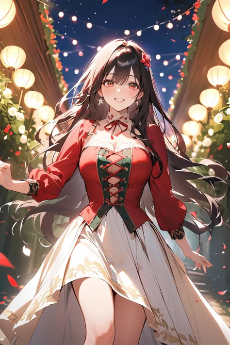 1 girl, (confident face), young adult, wavy long hair, (wearing a bards outfit with colorful accents), large breasts, fit, (playing a lute while walking),  
BREAK  
pathway filled with dancing flower petals, vibrant flowers blooming around her, (singing jo...