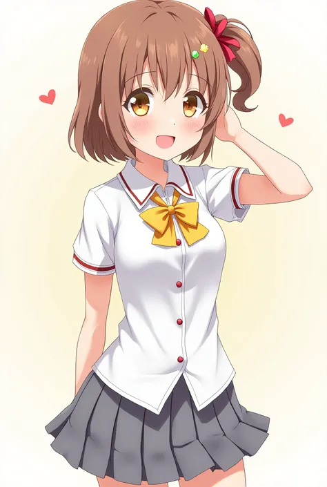 chika komari, short hair, bangs, brown hair, hair ornament, hair between eyes, side ponytail, one side up, hair bobbles, yellow eyes,
skirt, shirt, bow, school uniform, white shirt, short sleeves, pleated skirt, bowtie, yellow bow, grey skirt, yellow bowti...