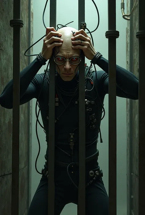  Make a thin man , bald, With wires in the head, the red eyes,  a glasses with round metal rods .  Wearing a black tights jumpsuit with connectors.  Do it is in a cell of reinforced metal bars.  Make him scream by banging his head against the iron bars in ...