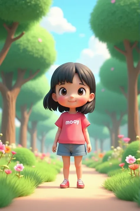  Girl standing in park . Pink t-shirt .  says “Mooy” anime. 3d